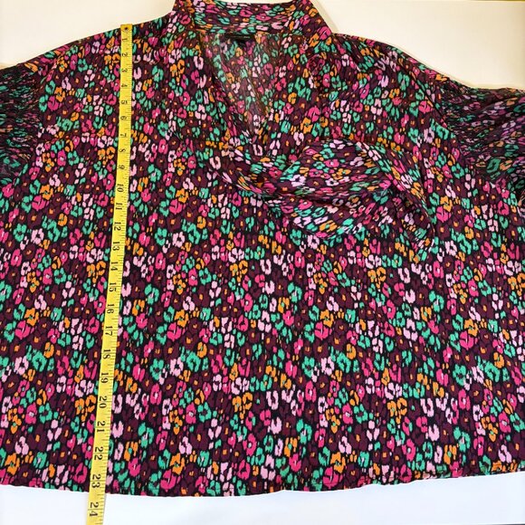 Who What Wear Womens Tie‎ Neck Balloon Sleeve Top XXL Green Pink Abstract Floral - Picture 7 of 10